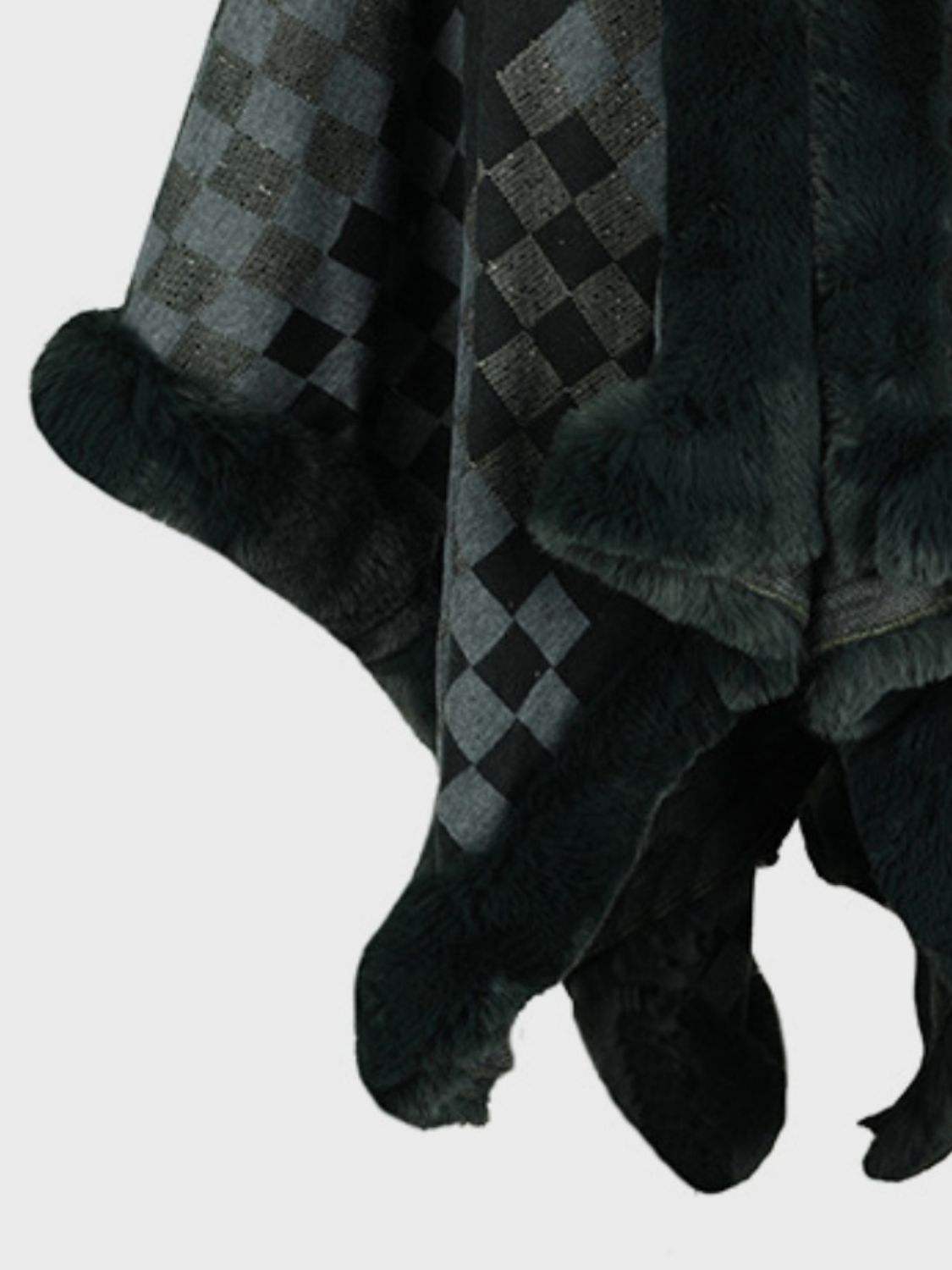 Fuzzy Checkered Long Sleeve Poncho - Trendsi - Flyclothing LLC