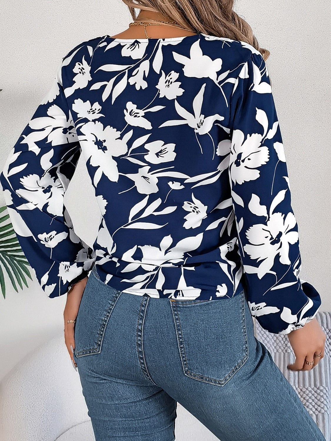 Printed V-Neck Long Sleeve Blouse - Trendsi