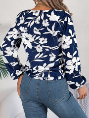 Printed V-Neck Long Sleeve Blouse - Trendsi