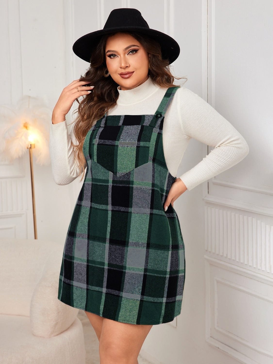 Plus Size Plaid Wide Strap Overall Dress - Trendsi - Flyclothing LLC