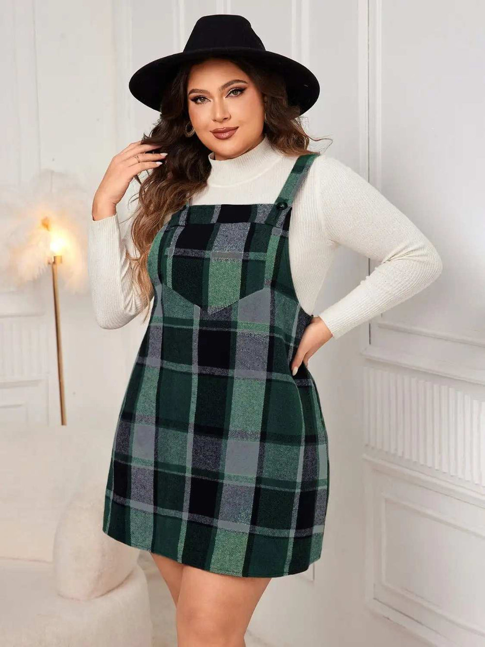Plus Size Plaid Wide Strap Overall Dress - Trendsi - Flyclothing LLC