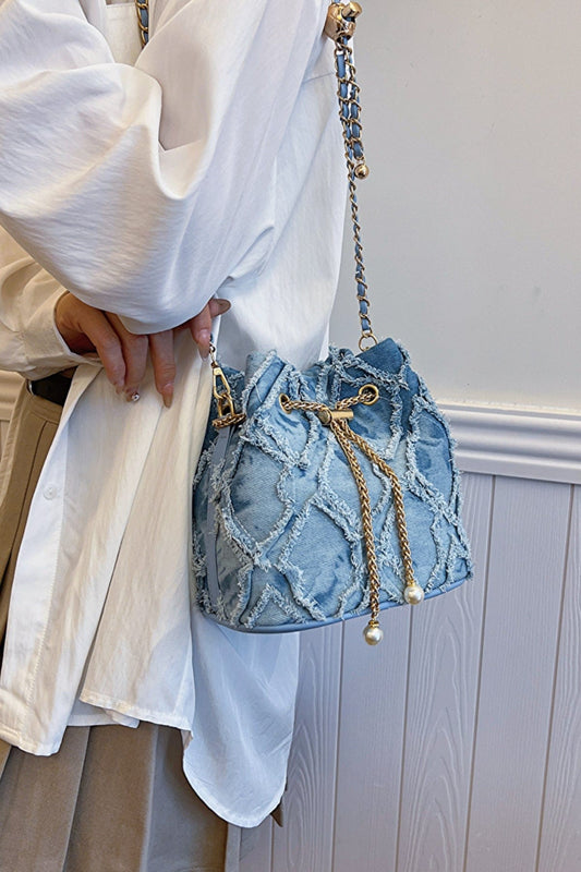 Chain Drawstring Raw Edge Denim Bucket Bag - Trendsi