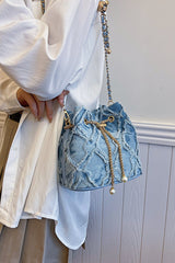 Chain Drawstring Raw Edge Denim Bucket Bag - Trendsi