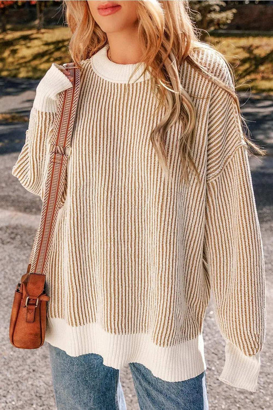 Round Neck Dropped Shoulder Sweater - Trendsi - Flyclothing LLC