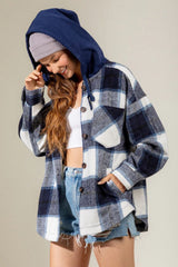 Drawstring Plaid Dropped Shoulder Hooded Shacket - Trendsi