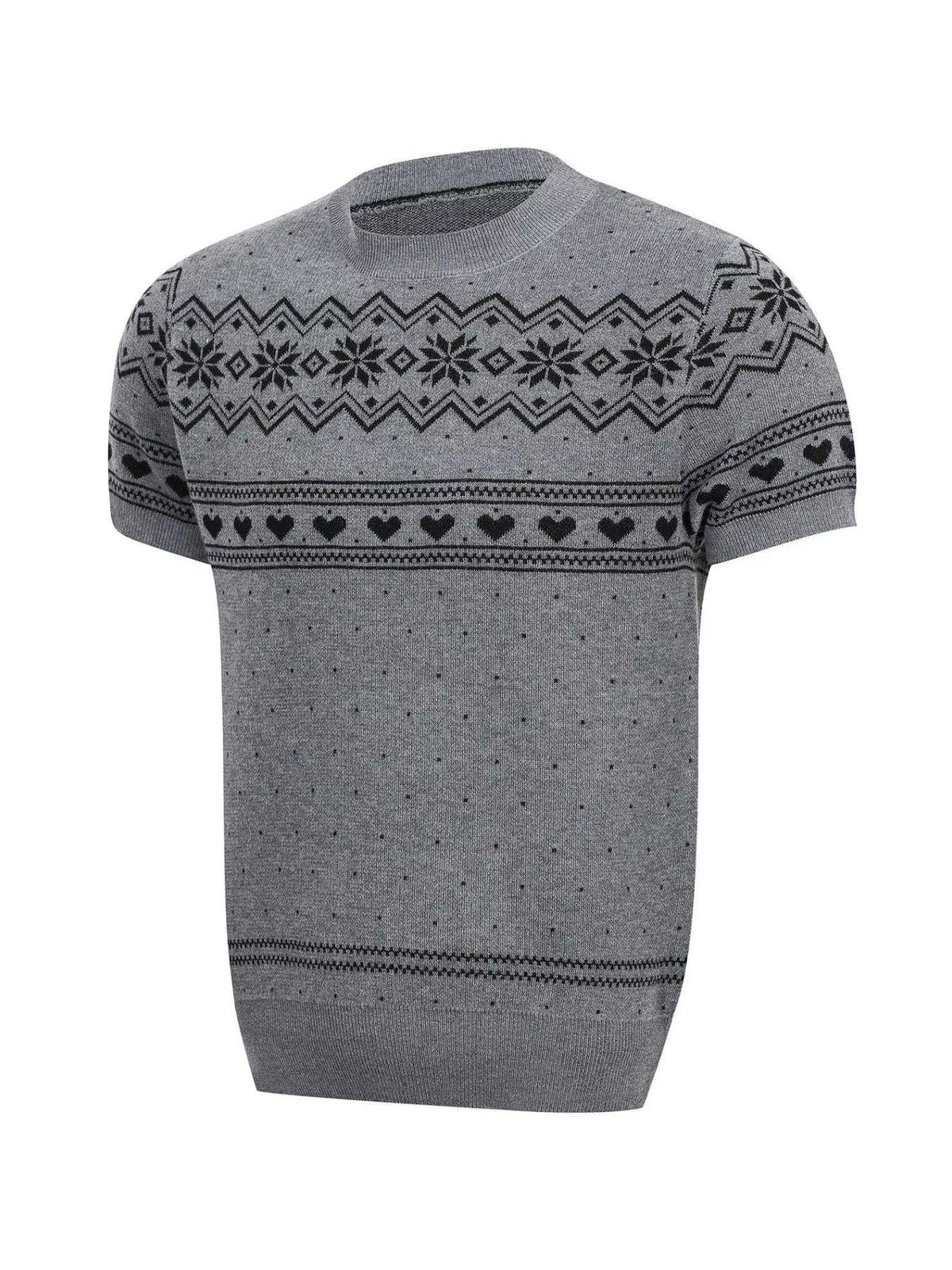 Men's Short-Sleeve Knit Top with Fair Isle and Heart Pattern - Trendsi - Flyclothing LLC