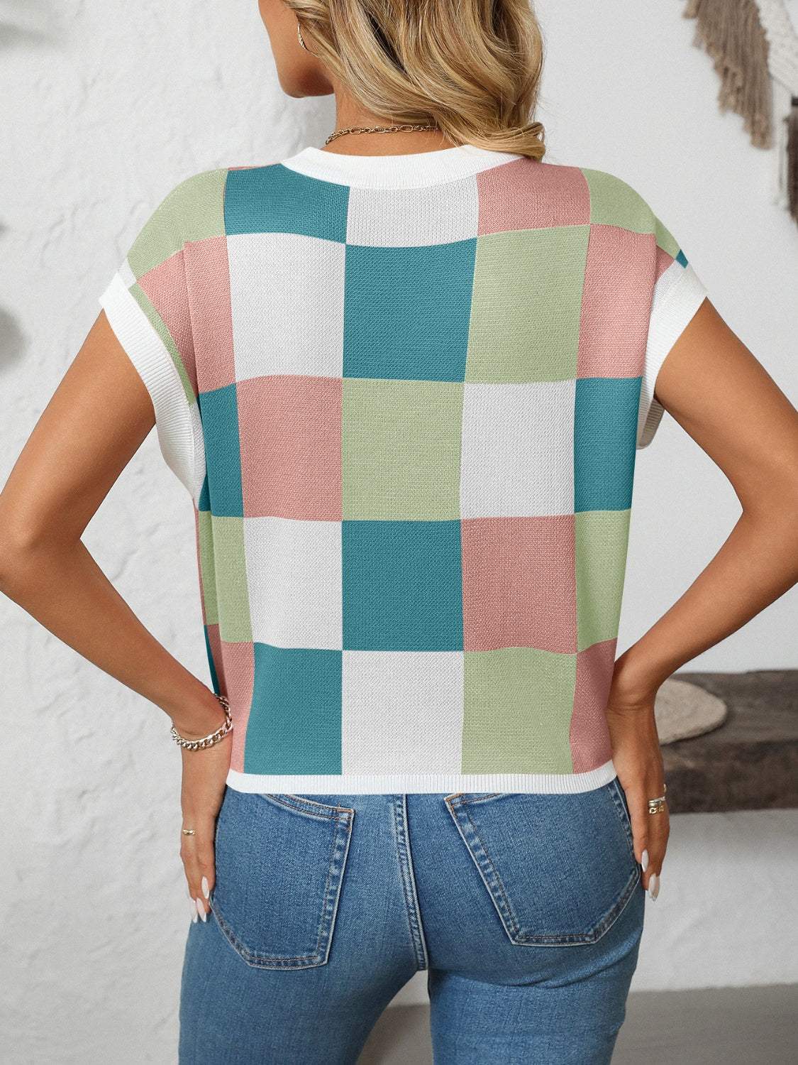 Mandy Checkered Round Neck Cap Sleeve Knit Top - Trendsi - Flyclothing LLC