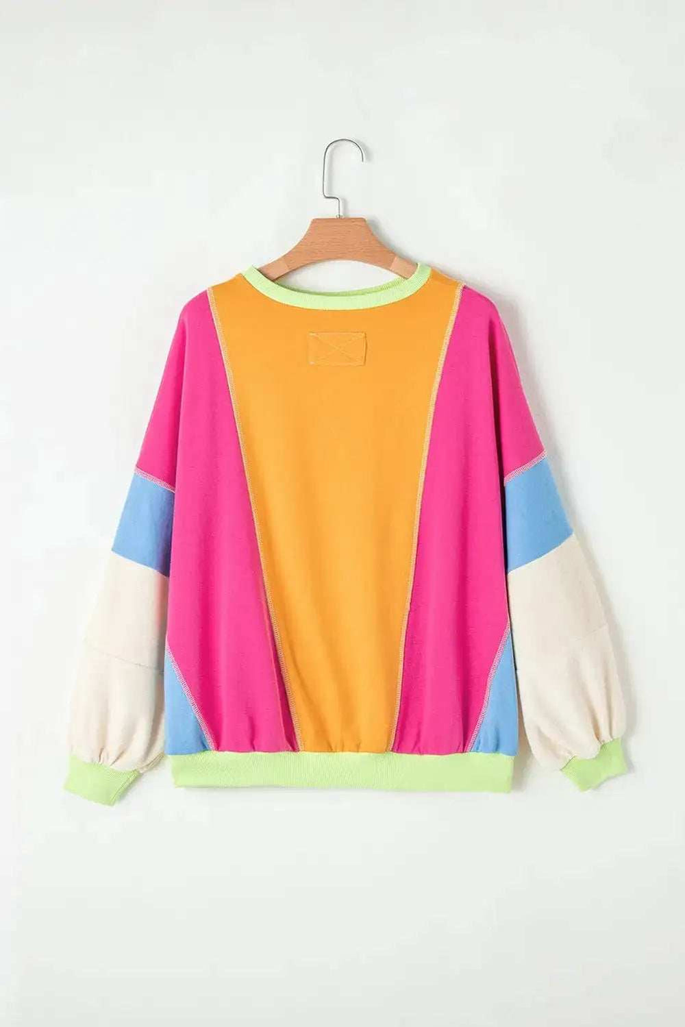 Color Block Round Neck Long Sleeve Top - Trendsi - Flyclothing LLC
