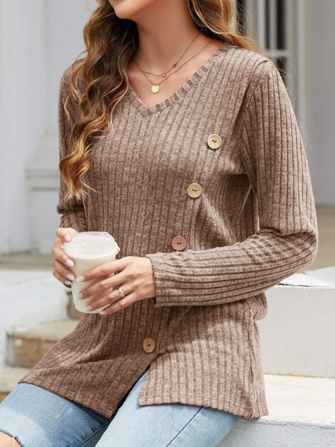 V-Neck Long Sleeve T-Shirt - Trendsi - Flyclothing LLC