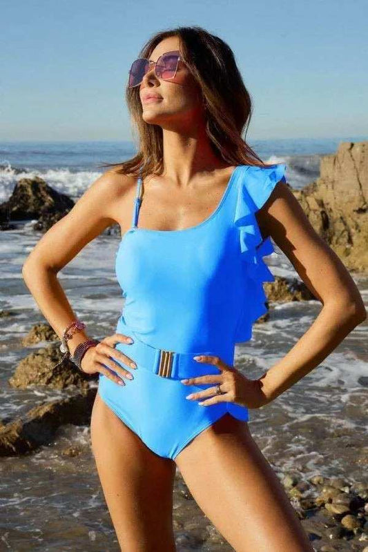 Davi & Dani Solid One Shoulder Ruffle One Piece Swimsuit - Trendsi - Flyclothing LLC