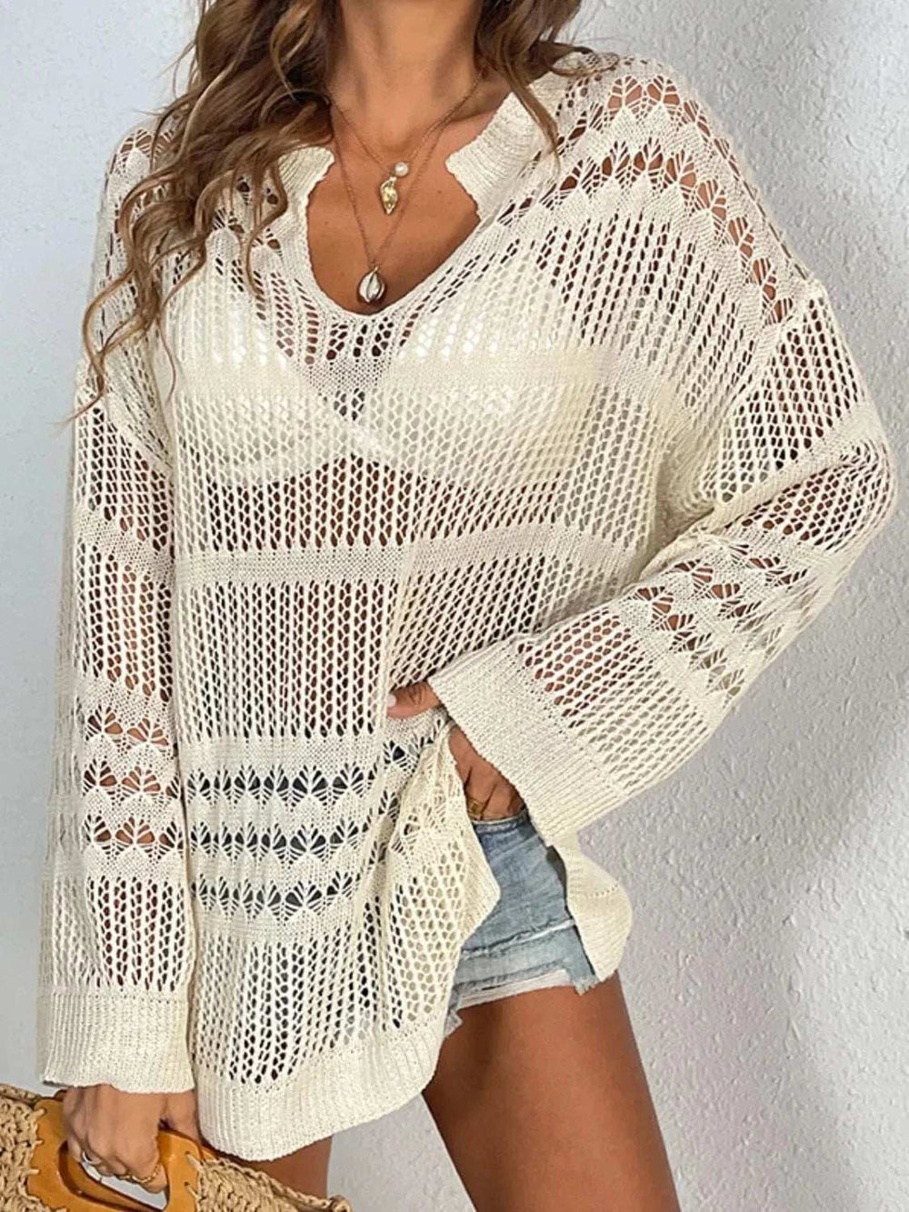 Openwork Notched Long Sleeve Knit Cover Up - Trendsi - Flyclothing LLC