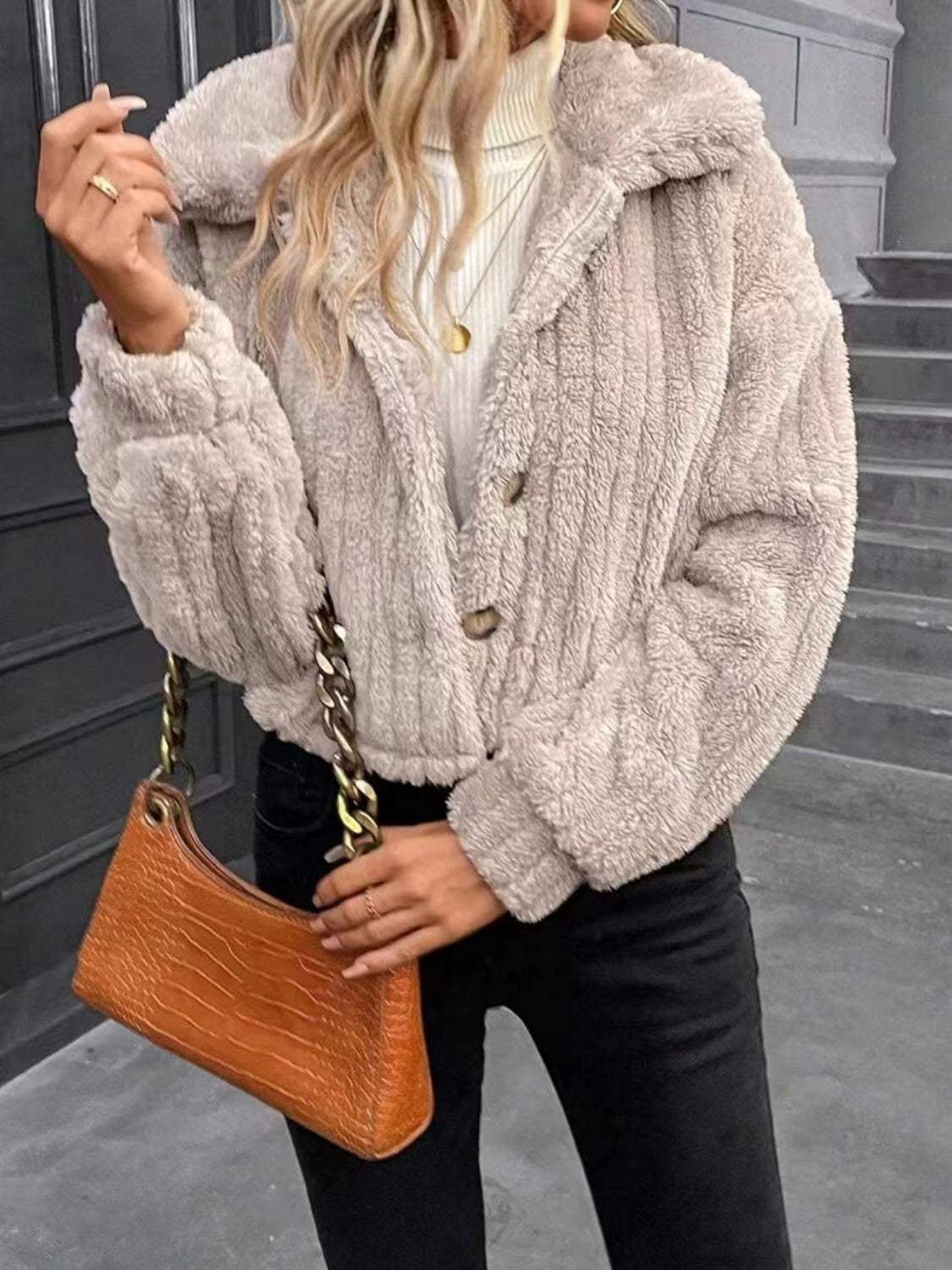 Button Up Long Sleeve Fuzzy Outerwear - Trendsi - Flyclothing LLC
