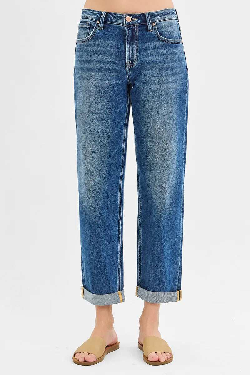 RISEN Full Size Mid Rise Boyfriend Roll Up Jeans Plus Size - Trendsi - Flyclothing LLC