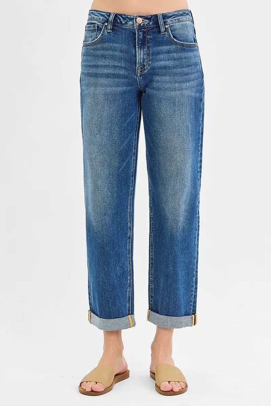 RISEN Full Size Mid Rise Boyfriend Roll Up Jeans Plus Size - Trendsi - Flyclothing LLC