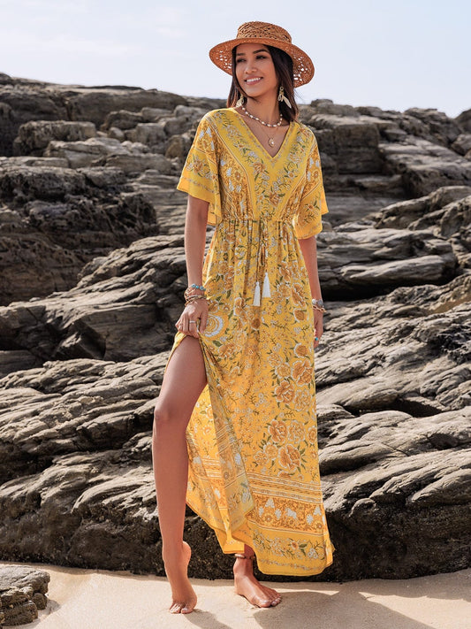 Drawstring Printed Plunge Half Sleeve Dress - Trendsi