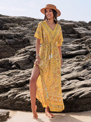 Drawstring Printed Plunge Half Sleeve Dress - Trendsi