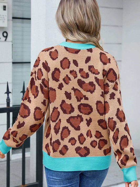 Leopard Round Neck Long Sleeve Sweater - Trendsi - Flyclothing LLC