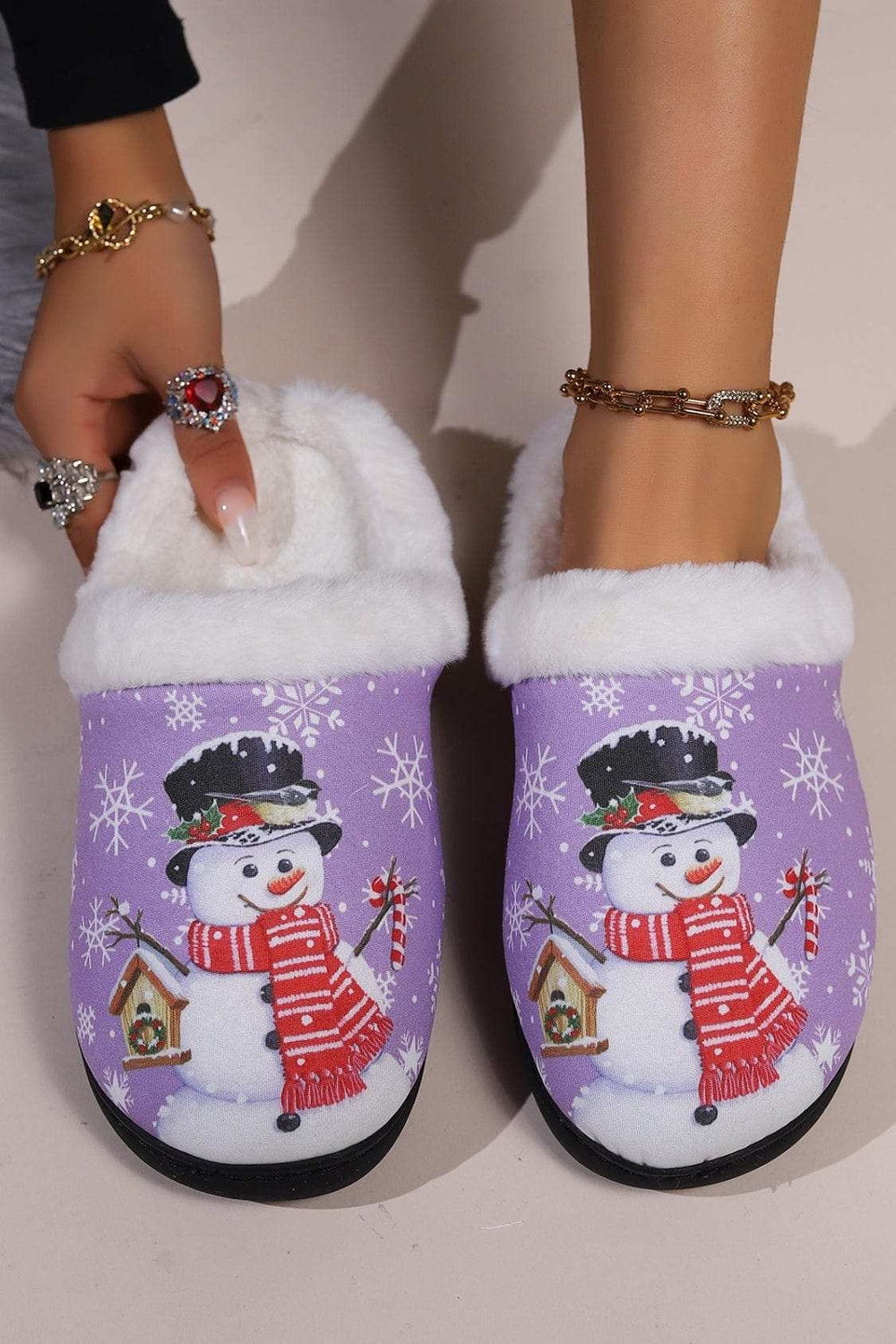 Snowman Round Toe Faux Fur Slippers - Trendsi - Flyclothing LLC