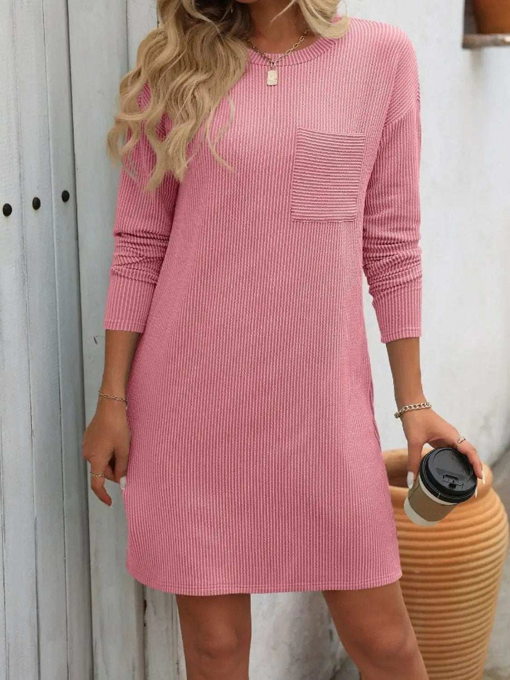 Striped Round Neck Long Sleeve Mini Dress - Trendsi - Flyclothing LLC