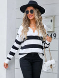 Striped Johnny Collar Knit Top - Trendsi