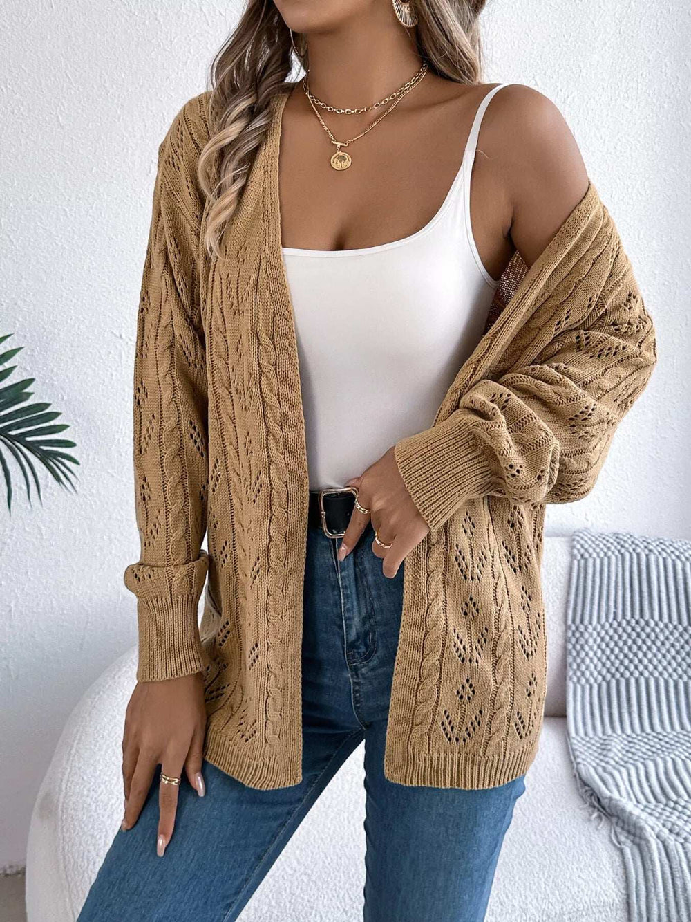 Openwork Open Front Long Sleeve Cardigan - Trendsi - Flyclothing LLC