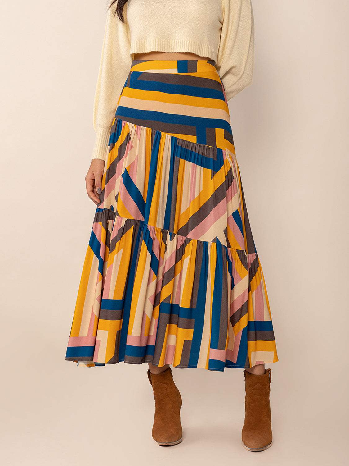 Ruched Elastic Waist Contrast Midi Skirt - Trendsi - Flyclothing LLC
