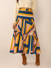 Ruched Elastic Waist Contrast Midi Skirt - Trendsi