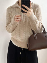 Cable-Knit Half Zip Long Sleeve Sweater - Trendsi - Flyclothing LLC