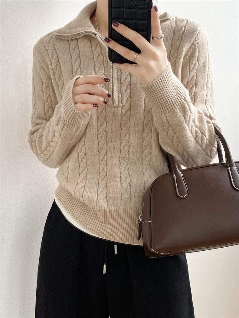 Cable-Knit Half Zip Long Sleeve Sweater - Trendsi - Flyclothing LLC