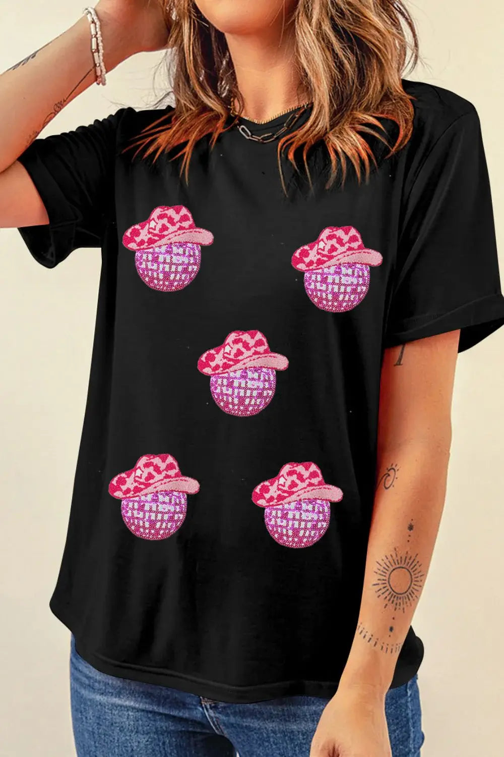 Cowboy Hat Disco Ball Patched Round Neck T-Shirt - Trendsi - Flyclothing LLC
