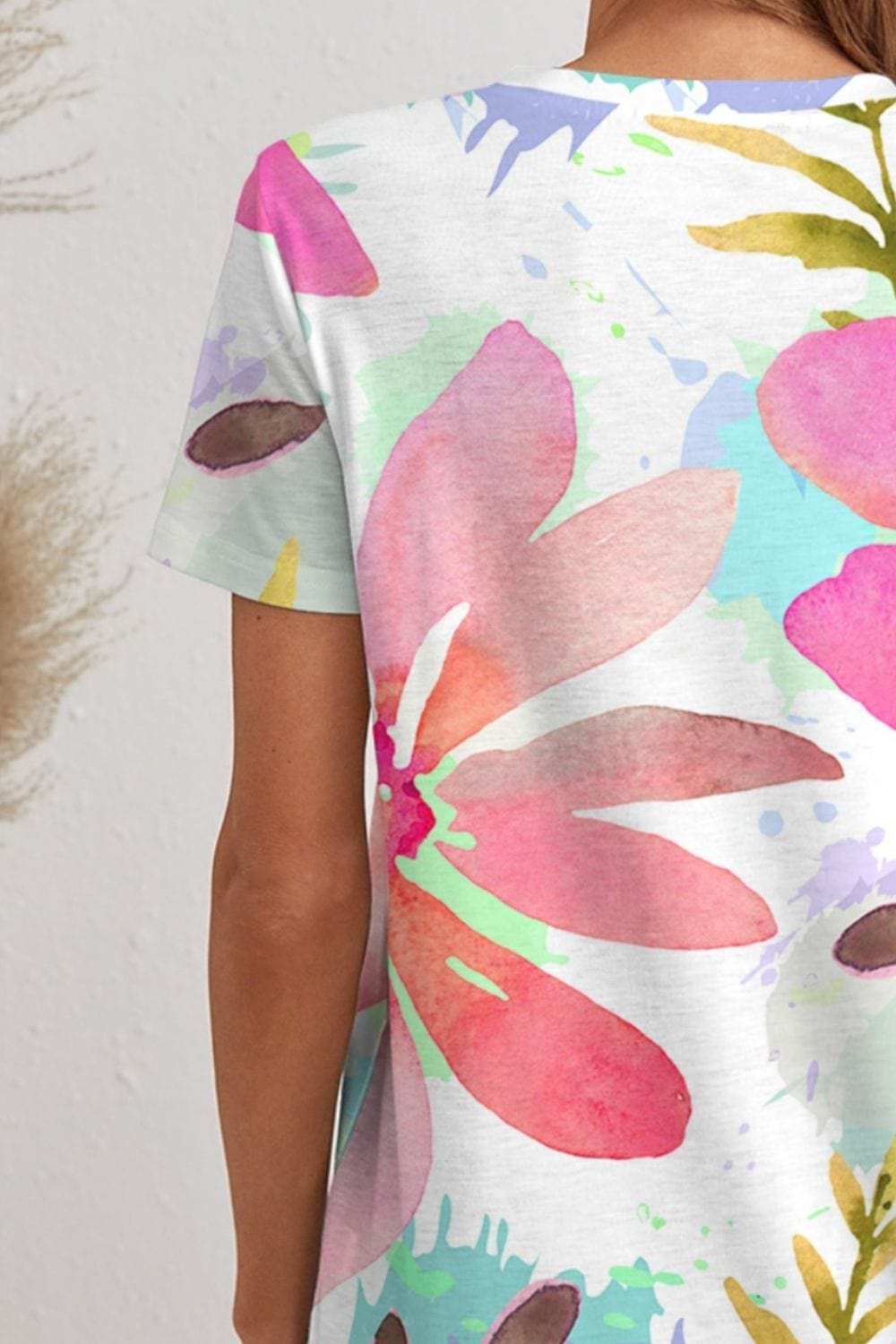 Printed V-Neck Short Sleeve T-Shirt - Trendsi - Flyclothing LLC