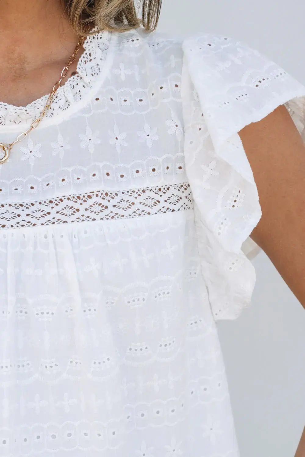 Lace Round Neck Flutter Sleeve Eyelet Blouse - Trendsi - Flyclothing LLC