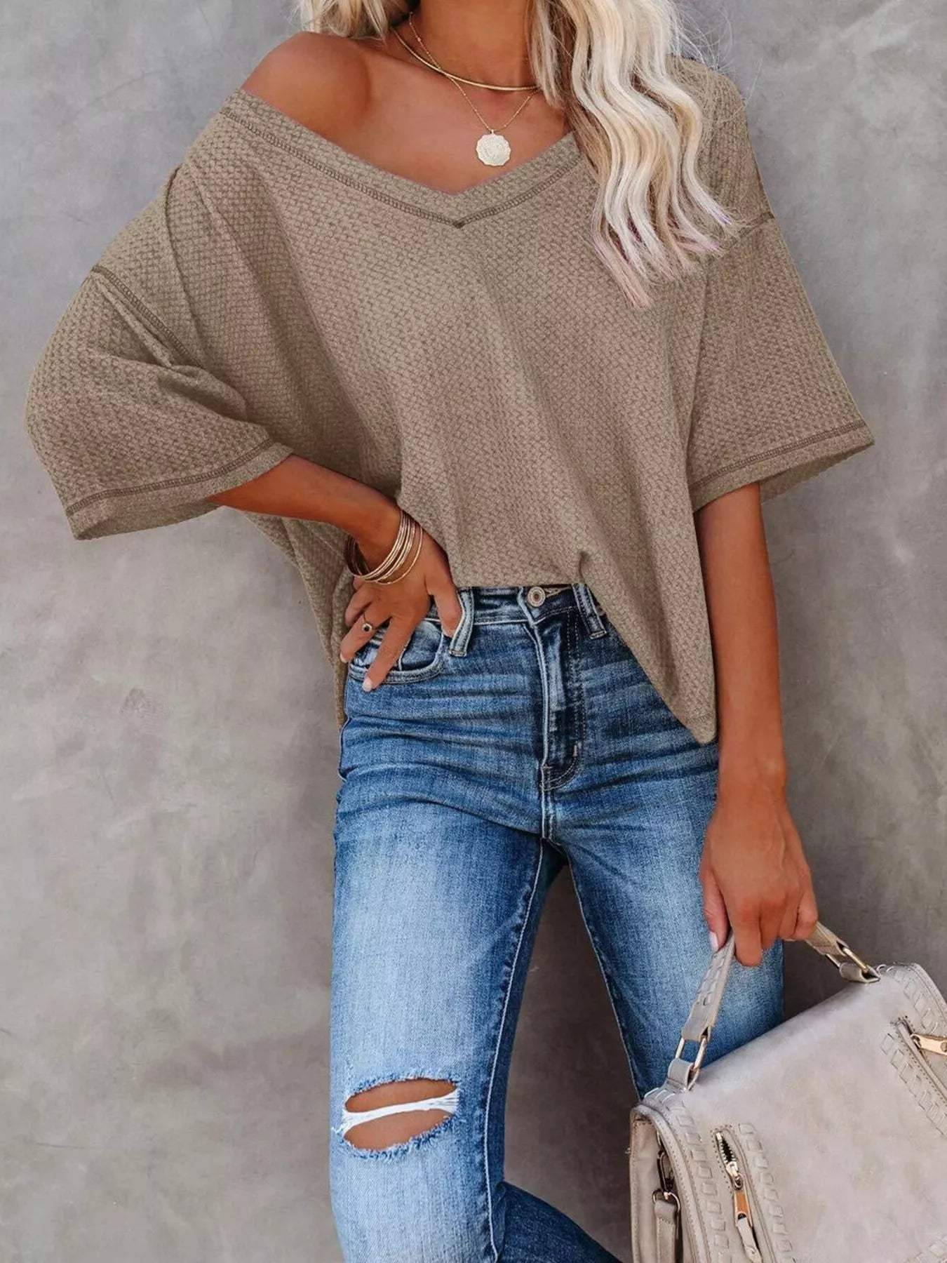Waffle Knit V-Neck Short Sleeve T-Shirt - Trendsi - Flyclothing LLC
