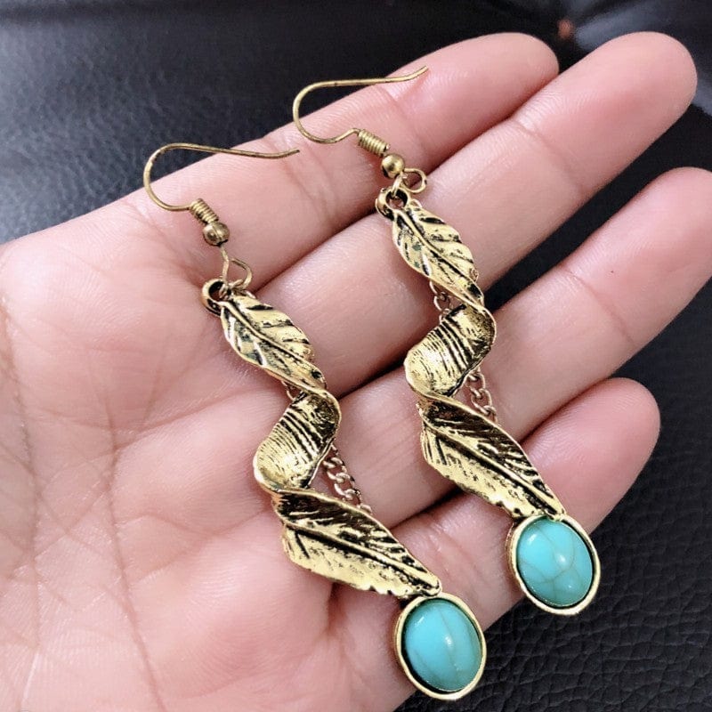 Alloy Leaf Artificial Turquoise Earrings - Trendsi