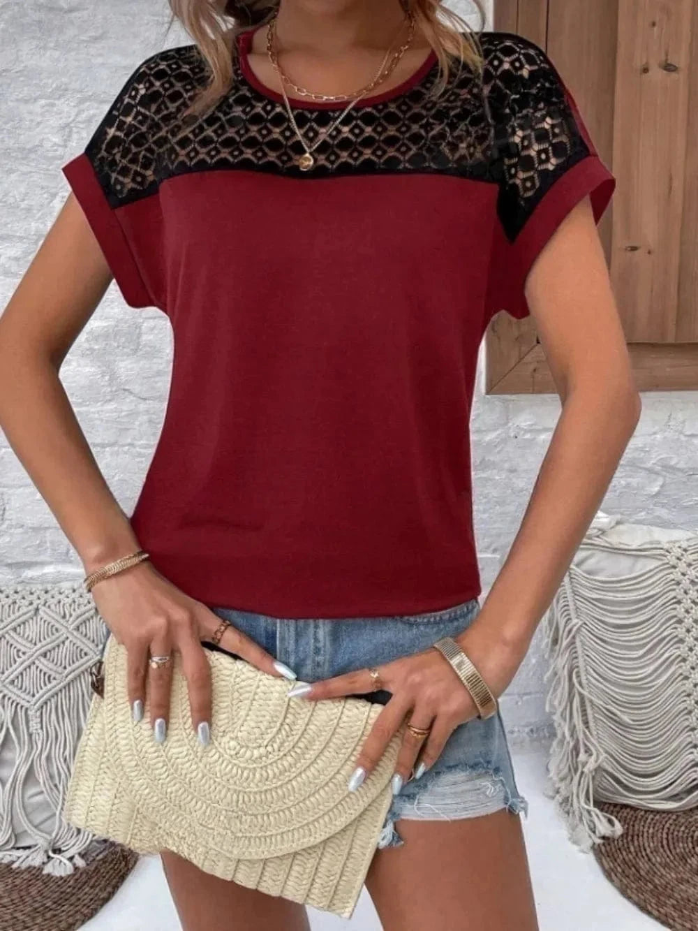 Contrast Lace Round Neck Short Sleeve Blouse - Trendsi