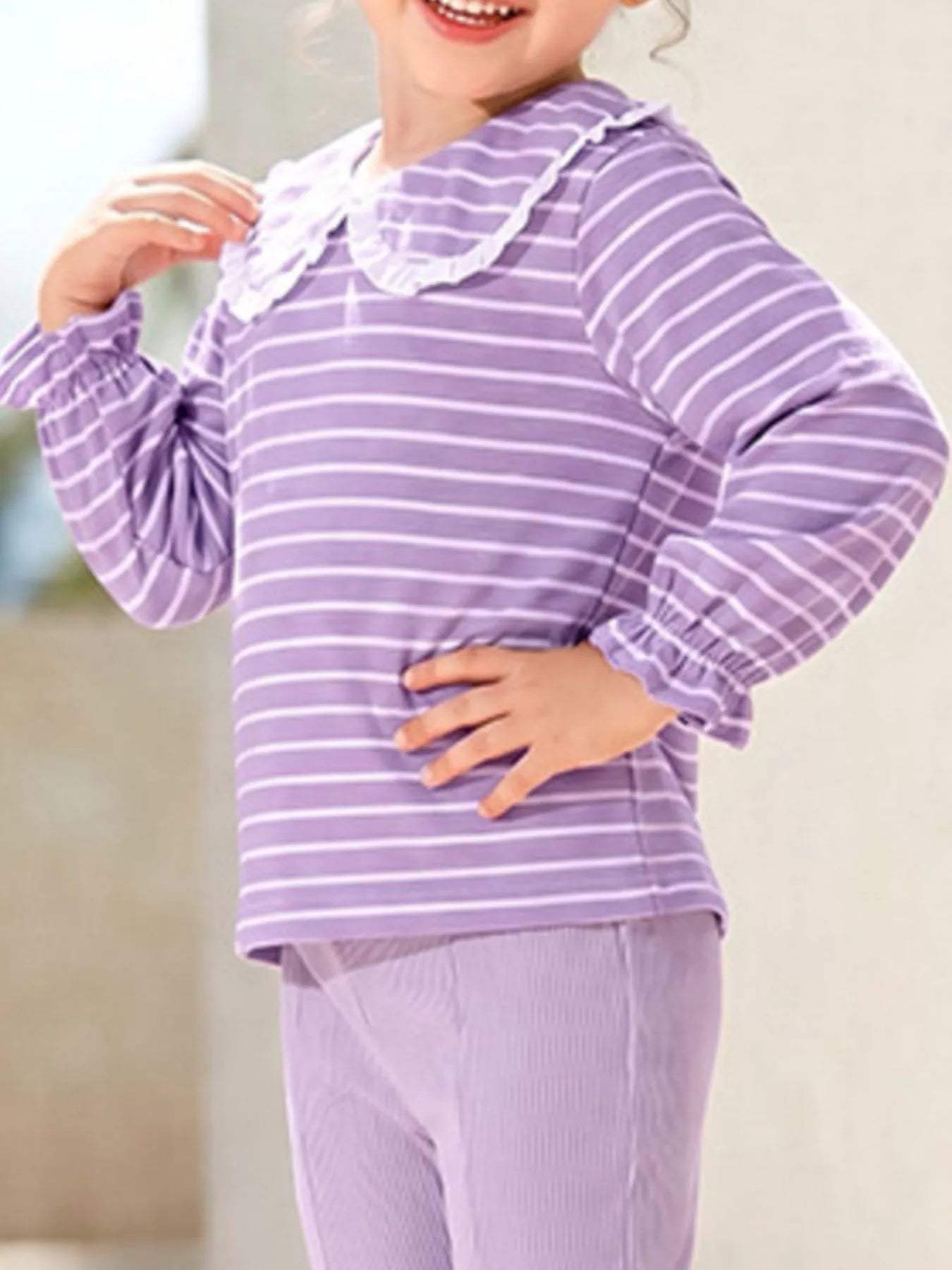 Children's Striped Ruffle Collar Top and Bow Flare Pants Set - Trendsi - Flyclothing LLC