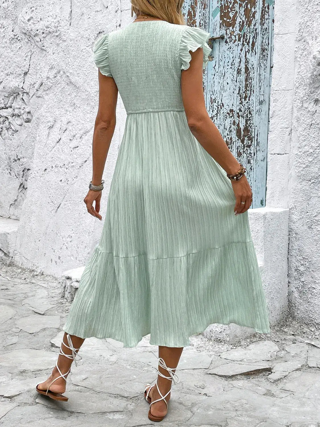 V-Neck Ruffled Cap Sleeve Dress - Trendsi - Flyclothing LLC