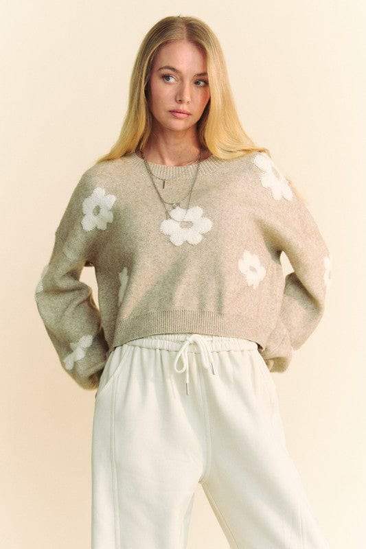 Davi & Dani Floral Drop Shoulder Cropped Sweater - Trendsi - Flyclothing LLC