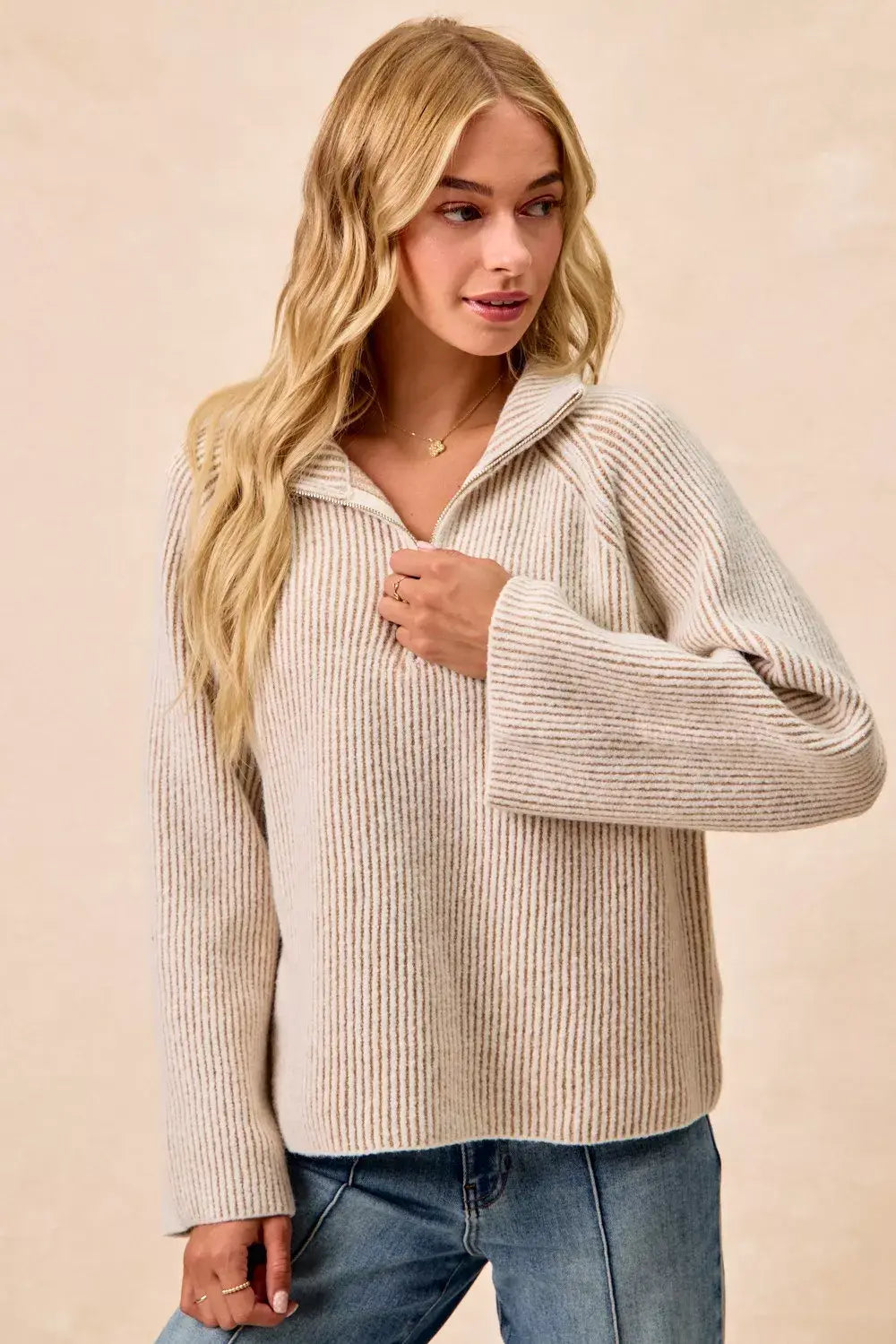 BiBi Two Tone Rib Texured Knit Collared Top with Zip Up - Trendsi - Flyclothing LLC