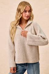 BiBi Two Tone Rib Texured Knit Collared Top with Zip Up - Trendsi - Flyclothing LLC