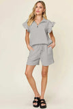 Double Take Full Size Texture Flounce Sleeve Top and Drawstring Shorts Set - Trendsi - Flyclothing LLC