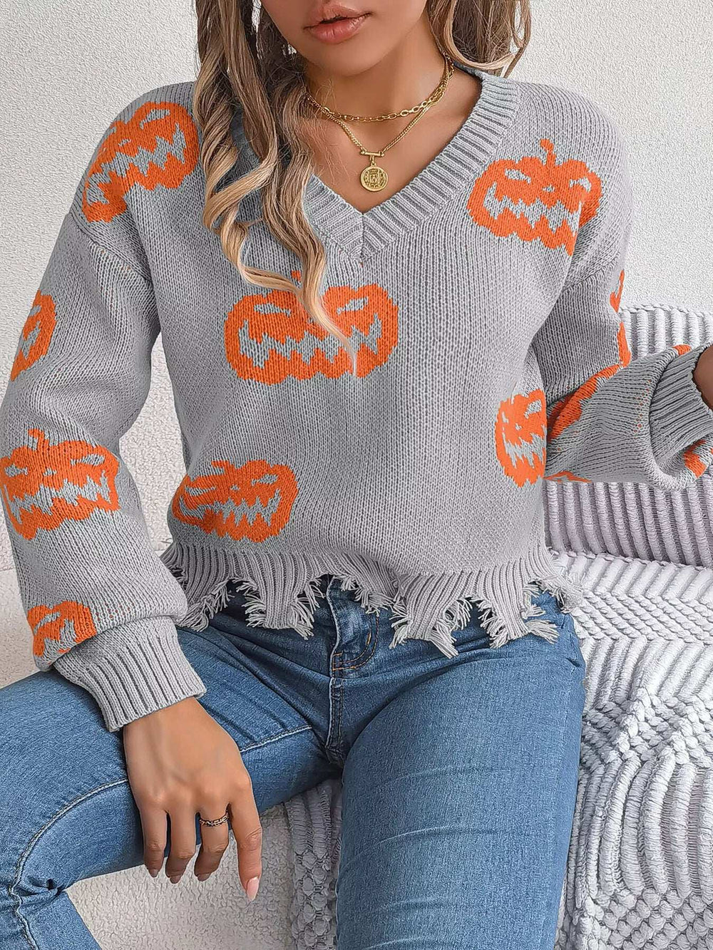 Halloween Pumpkin Pattern Raw Hem V-Neck Sweater - Trendsi - Flyclothing LLC