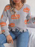 Halloween Pumpkin Pattern Raw Hem V-Neck Sweater - Trendsi - Flyclothing LLC