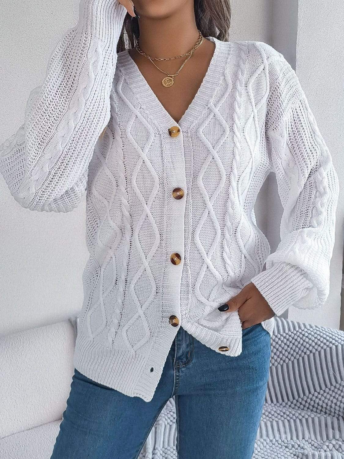 Cable-Knit Long Sleeve Cardigan - Trendsi - Flyclothing LLC