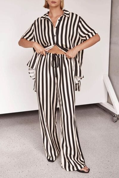 Striped Collared Neck Half Sleeve Top and Pants Set - Trendsi