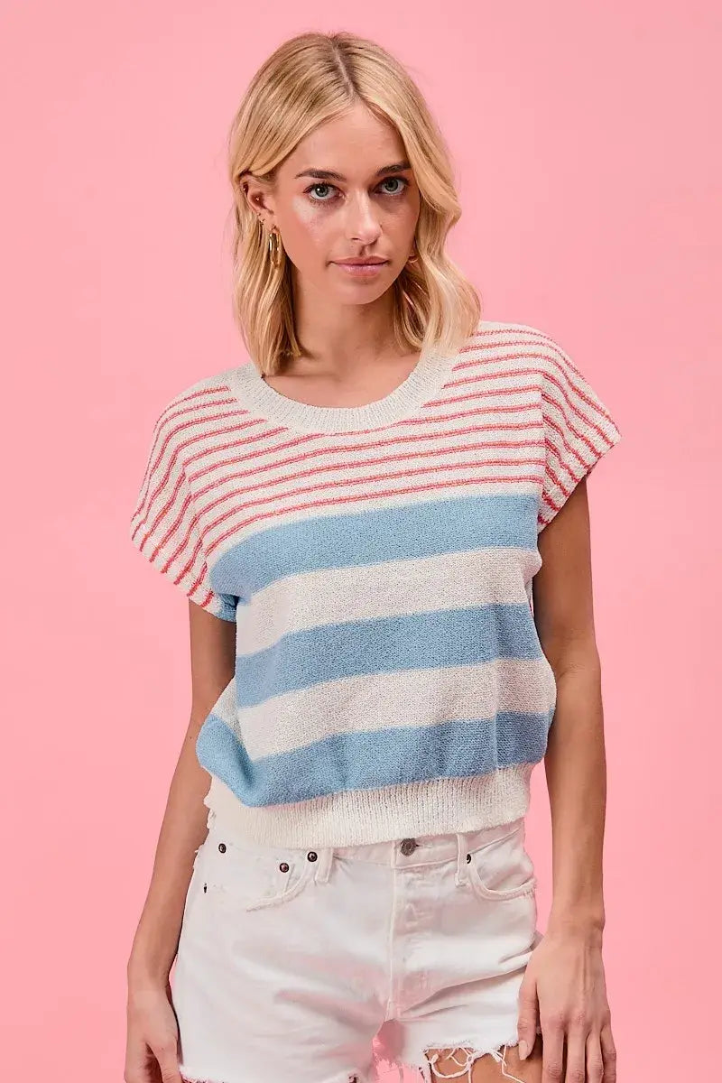 BiBi Stripes Lightweight Short Sleeve Sweater - Trendsi - Flyclothing LLC