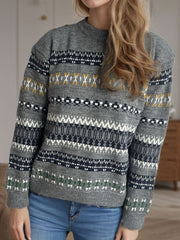 Geometric Round Neck Long Sleeve Sweater - Trendsi