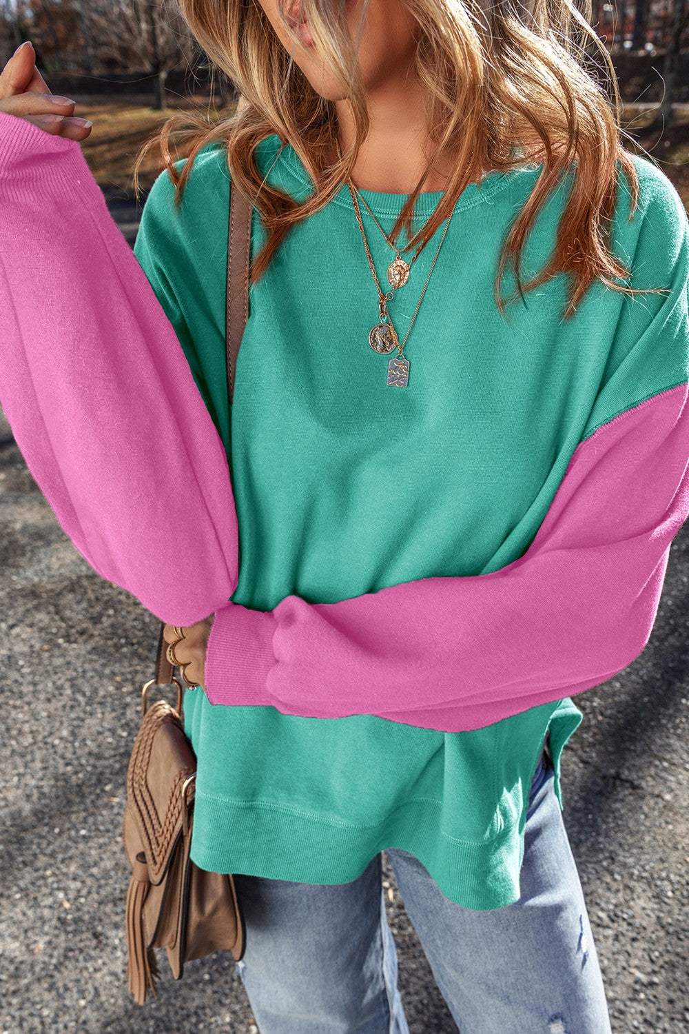 Contrast Round Neck Long Sleeve Sweatshirt - Trendsi - Flyclothing LLC