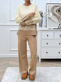 Devine Slit Striped Round Neck Top and Pants Sweater Set - Trendsi - Flyclothing LLC