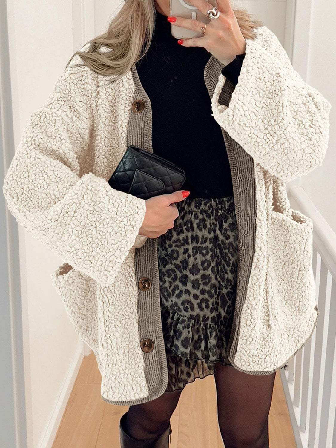 Contrast Button Up Sherpa Jacket with Pockets - Trendsi - Flyclothing LLC